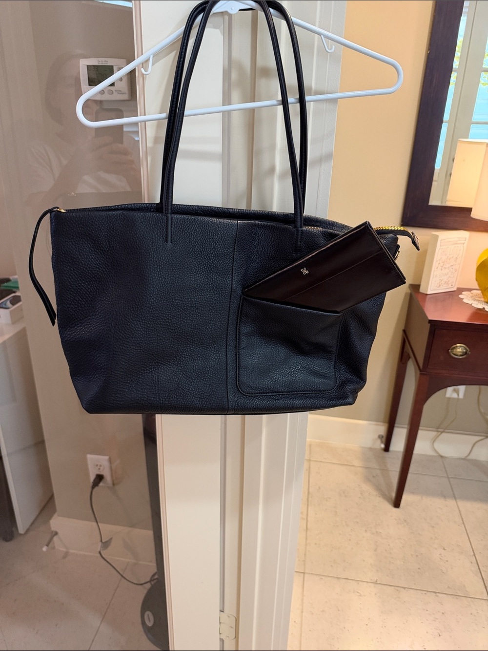 Black Leather Tote Bag with Matching